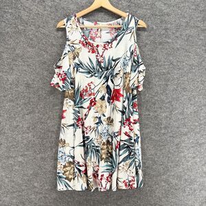 Vall Dress Women XL White Floral Shift Midi Cold Shoulder Short Sleeve Casual